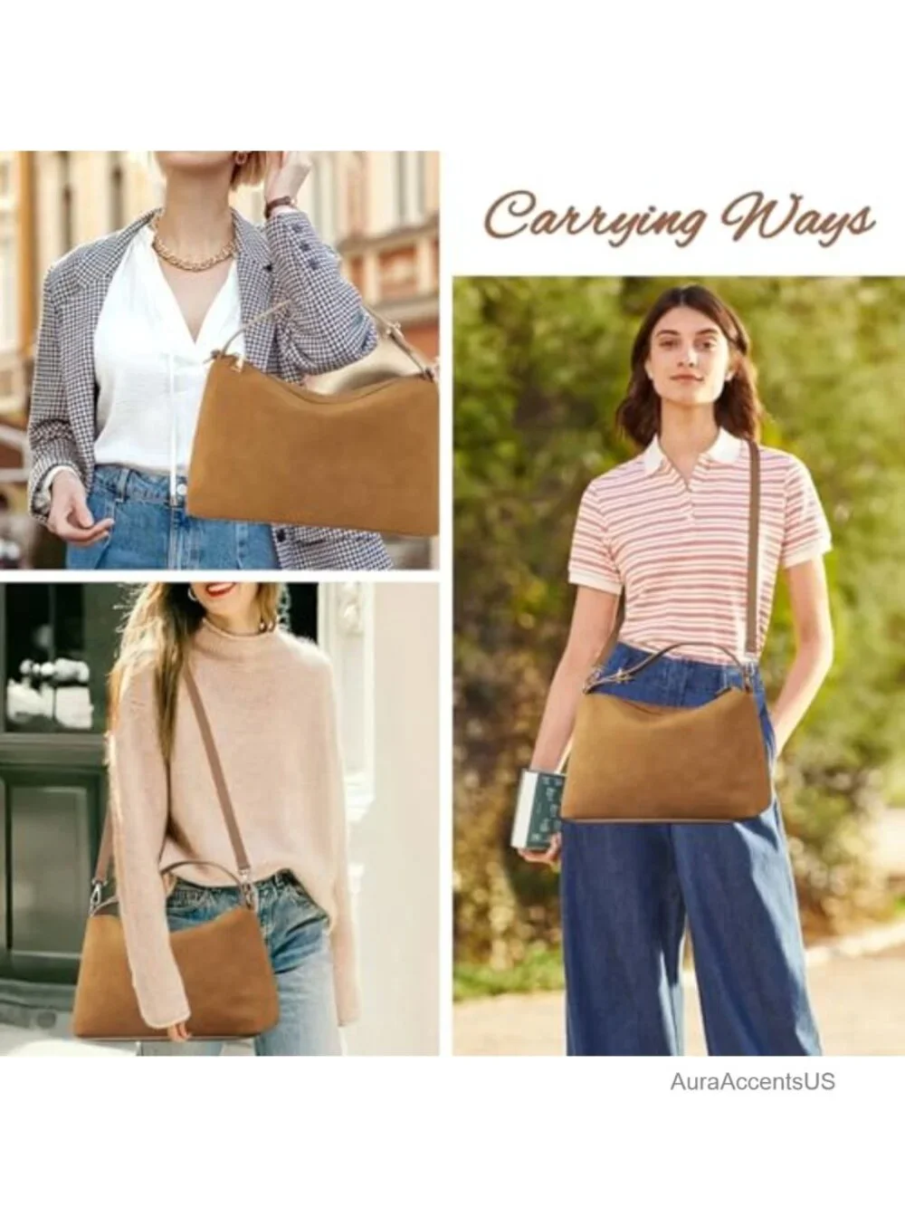 Brown Suede Leather Hobo Tote Bag Women Crossbody Shoulder Satchel Purse